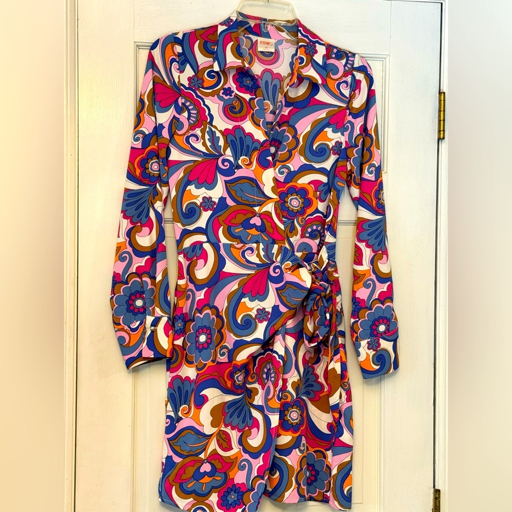 Blue and‎ Pink Long Sleeve Wrap Dress